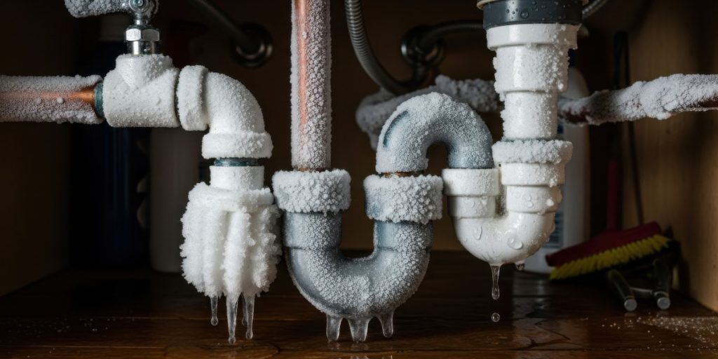 Bathroom sink and plumbing area in a Pittsburgh home after winter weather