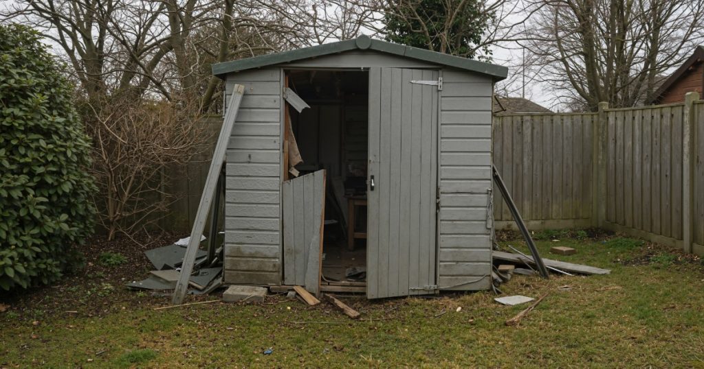 Backyard shed showing minor wear and door misalignment after winter