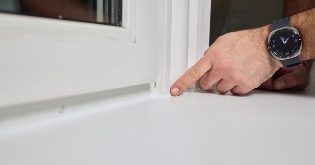 Close-up of trim around a window or door with minor separation