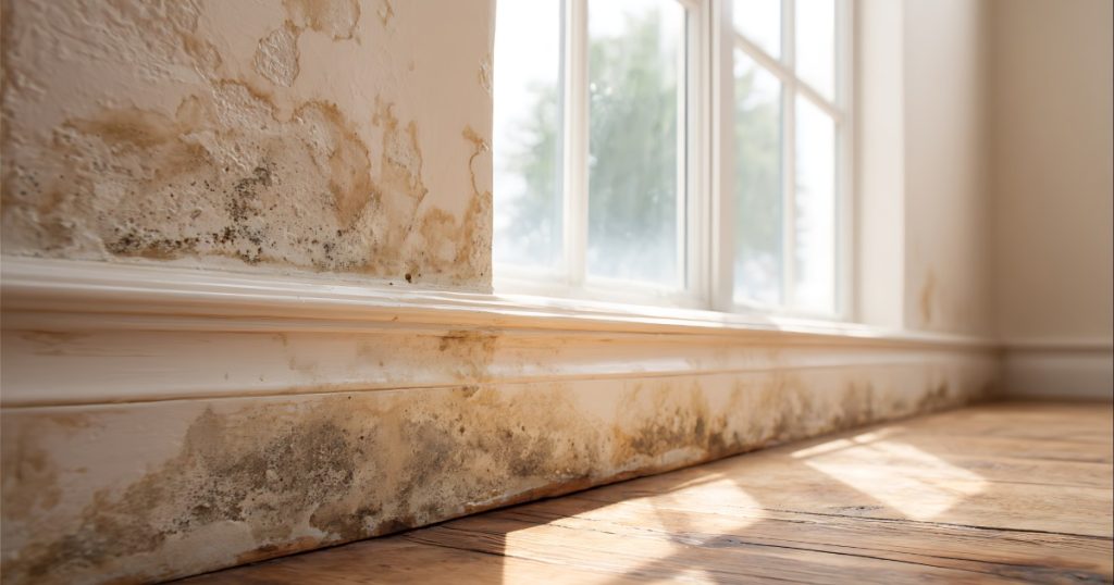 Soft swollen trim near a window caused by water exposure