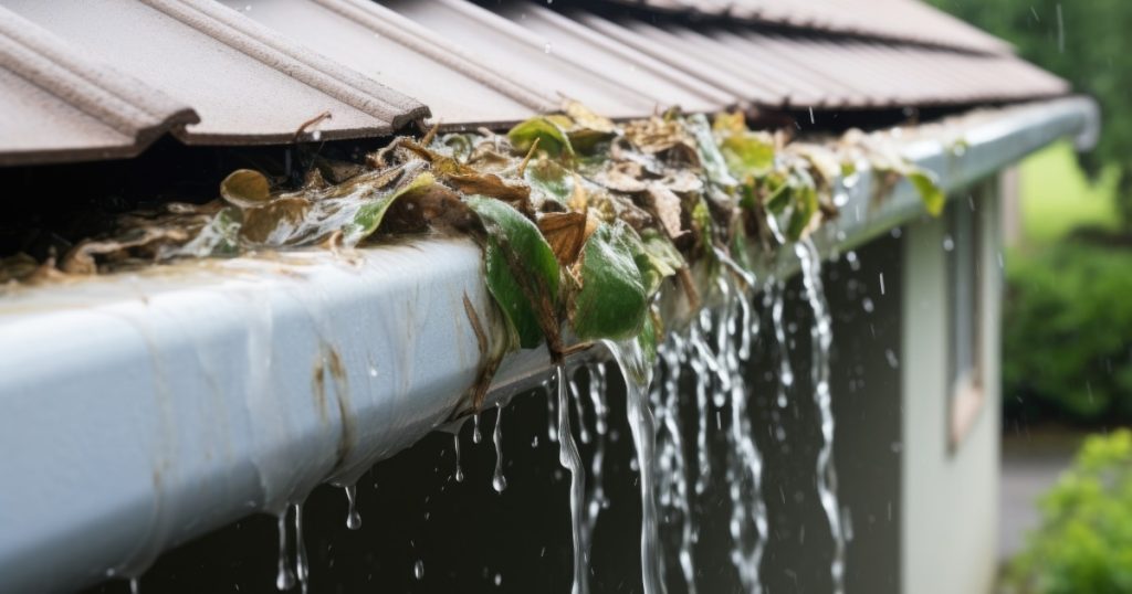 Storm-damaged roof shingles and clogged gutter after heavy spring rain in Pittsburgh