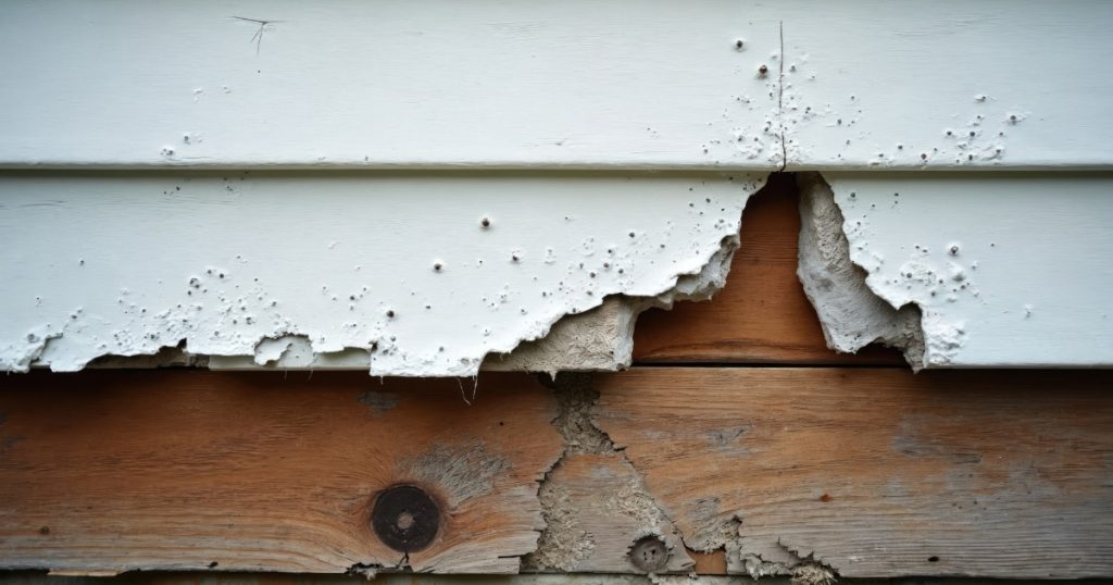 Cracked vinyl siding panel showing spring storm home damage on a Pittsburgh-area home.