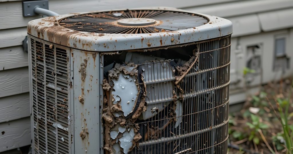 Outdoor AC unit with storm debris blocking condenser — HVAC check after storm.