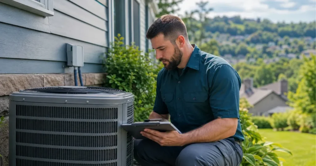 Hammer and Nails Handyman technician reviewing HVAC equipment at Pittsburgh area home