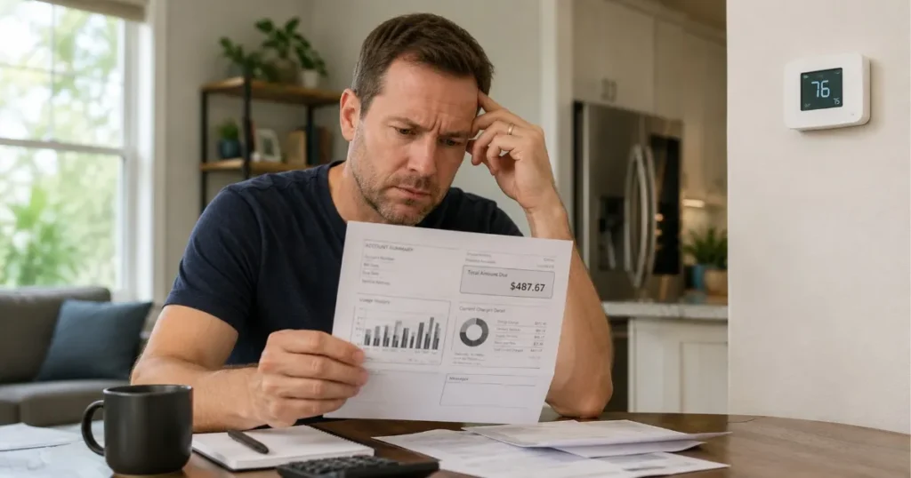 Homeowner reviewing high utility bill with HVAC thermostat visible in background