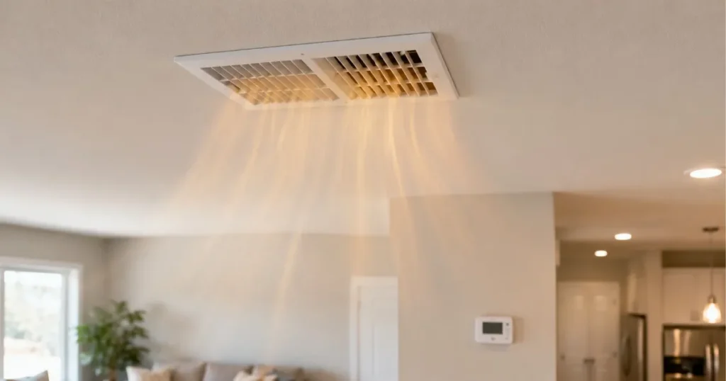 Warm air coming from home ceiling vent with thermostat visible in background
