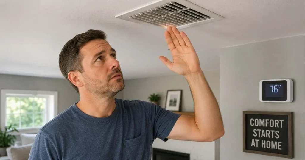 Homeowner holding hand near HVAC vent checking for weak airflow