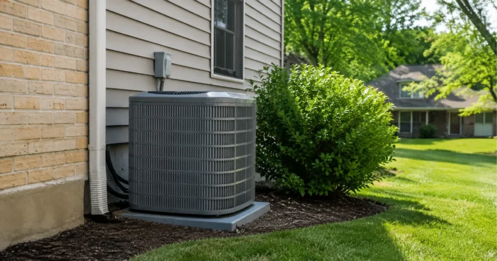 Outdoor HVAC condenser unit next to Pittsburgh home exterior