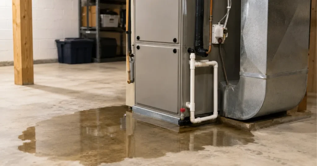 Water pooling near indoor HVAC air handler unit in basement