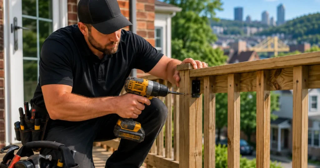 Hammer and Nails Handyman technician repairing a porch railing in Pittsburgh