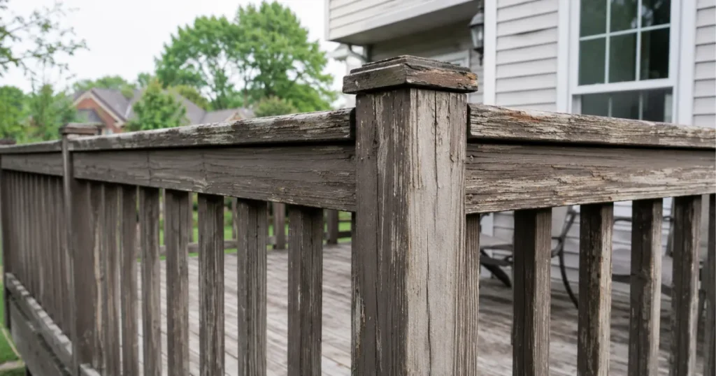 Wooden deck railing with visible wear on a Pittsburgh home