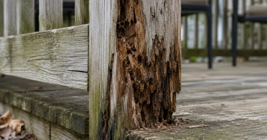 Close-up of rotted wood on a deck railing post