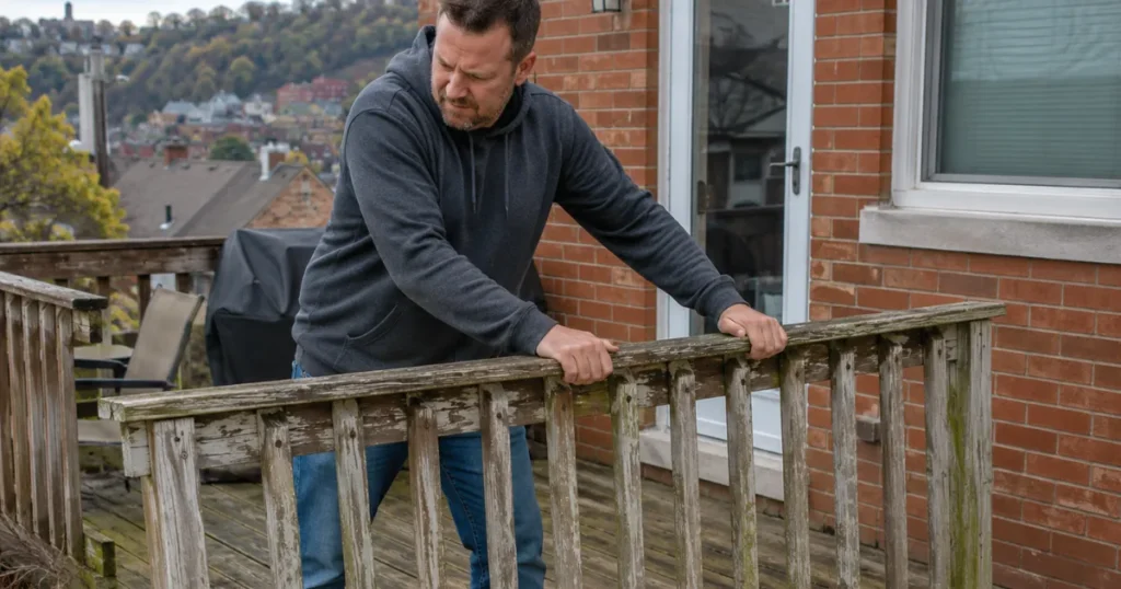 Homeowner testing a wobbly deck railing for looseness