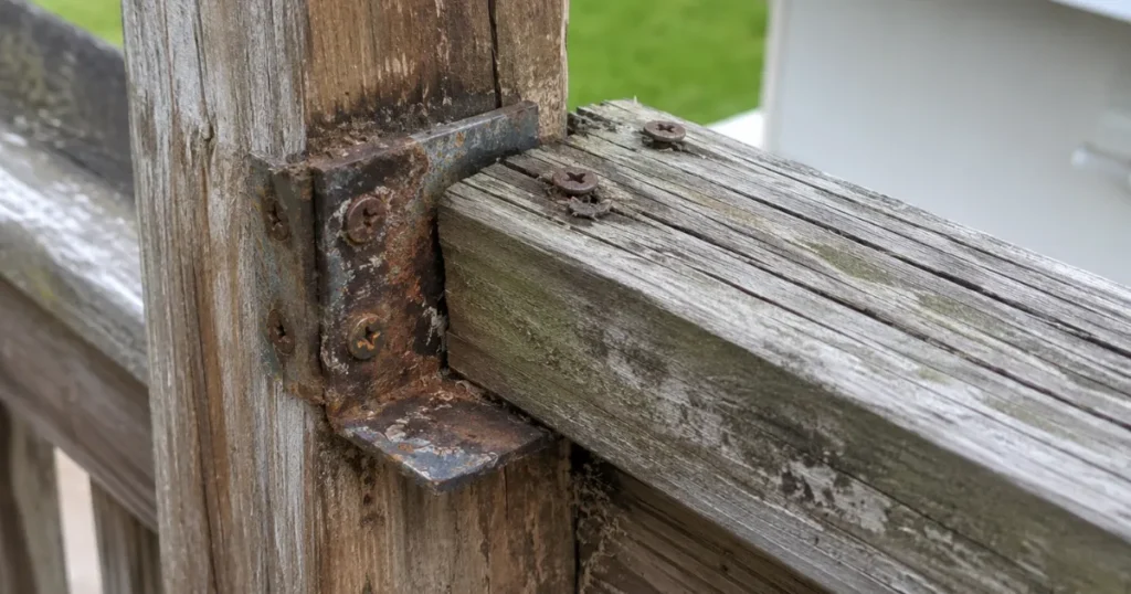 Rusted screws and brackets on a deck railing connection