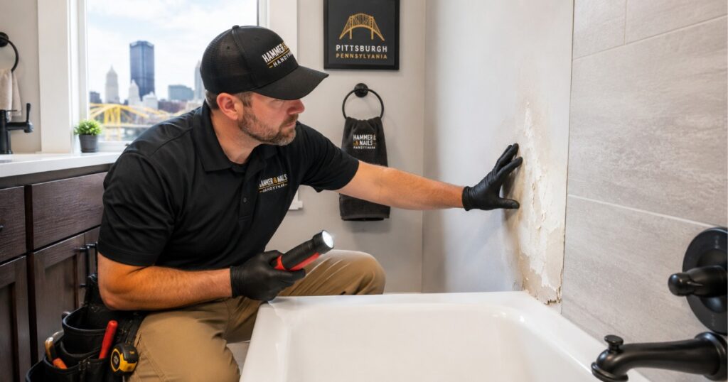 Hammer and Nails Handyman technician working in a Pittsburgh-area bathroom