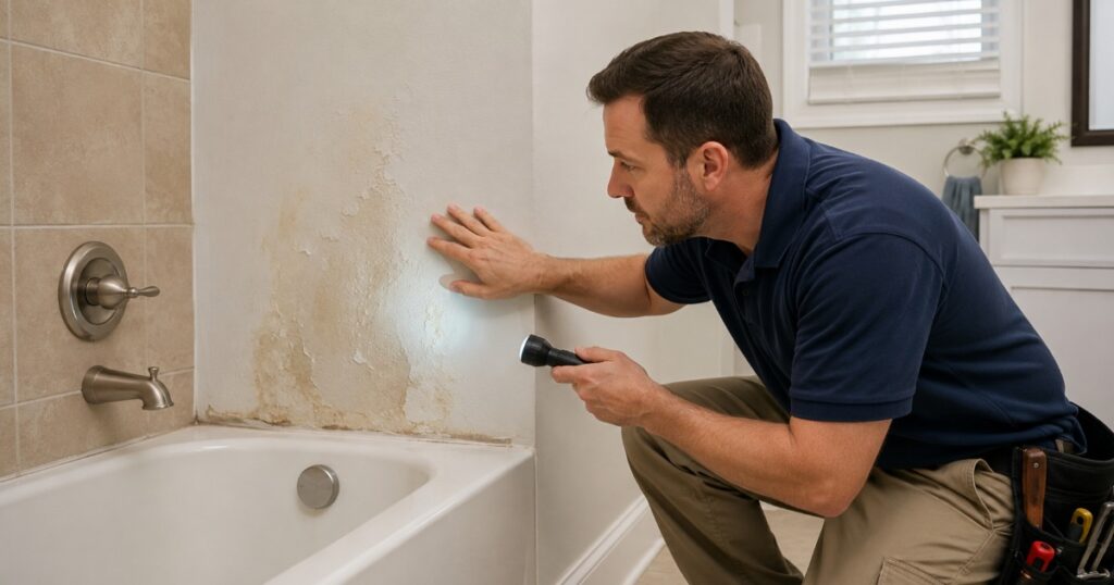 Handyman inspecting a bathroom wall near a tub for water damage