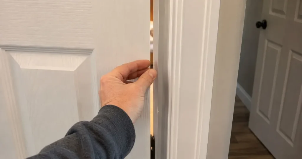 Homeowner checking the gap between a door and frame to find where it is binding