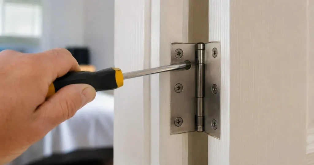 Tightening a loose door hinge screw with a screwdriver