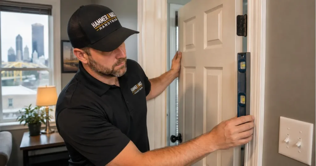 Handyman adjusting a door frame and checking alignment in a Pittsburgh home