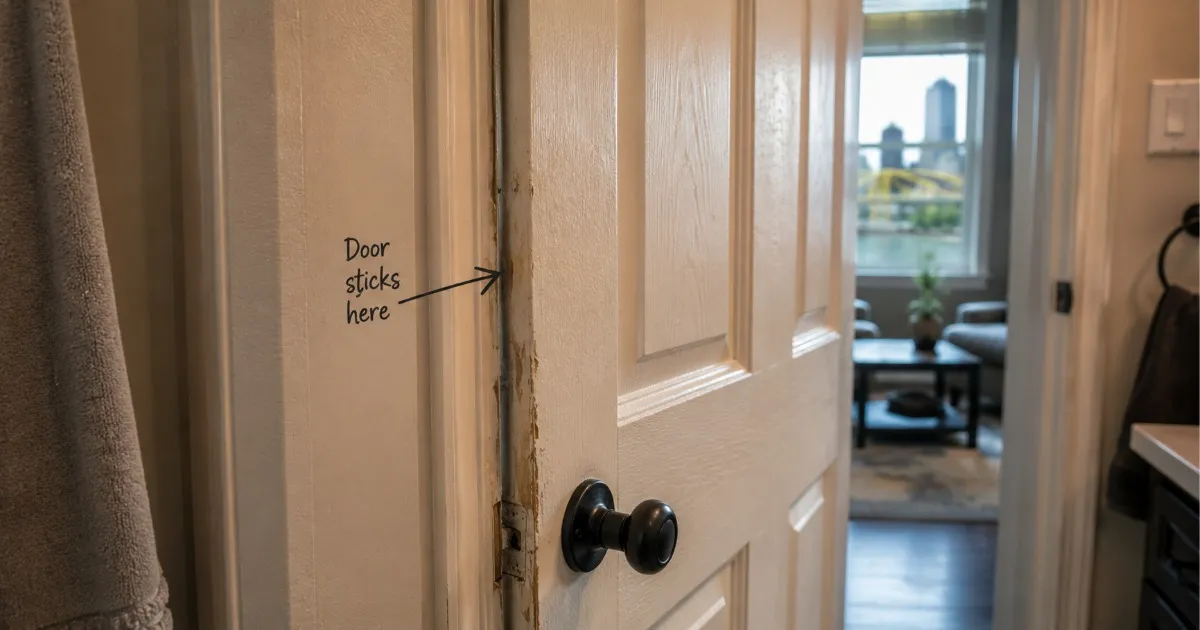 Interior door in a Pittsburgh home that sticks in the door frame during humid summer weather