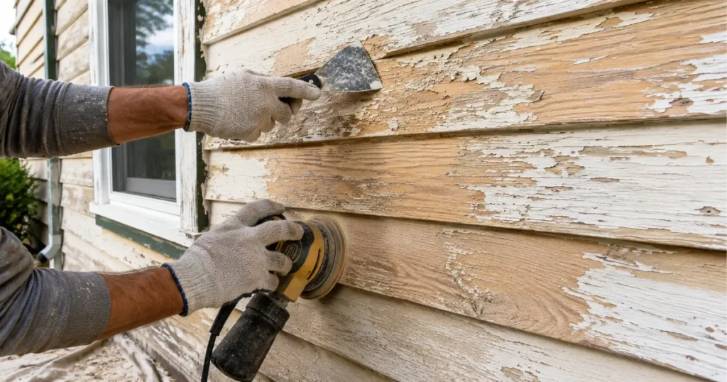 Exterior wood siding being scraped and sanded before repainting