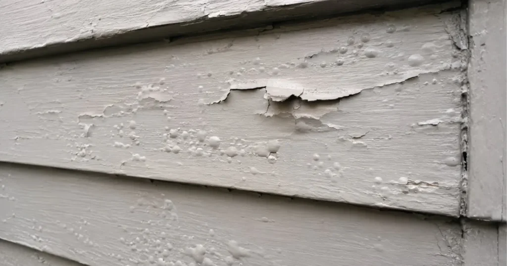 Close-up of moisture bubbles forming under exterior house paint