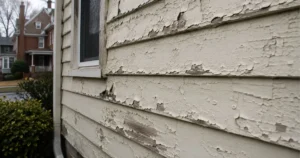 Peeling and bubbling exterior paint on the wood siding of a Pittsburgh area home