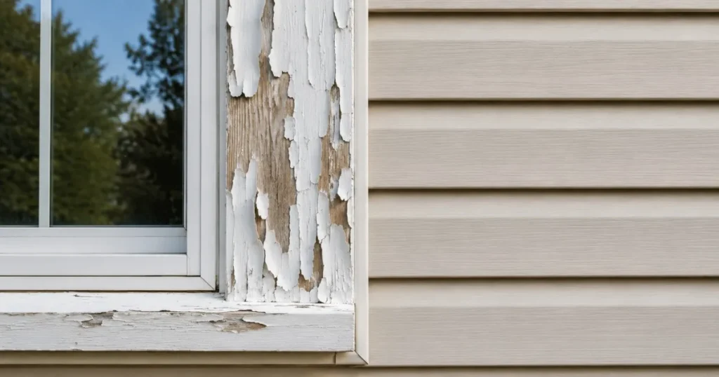 Peeling paint on exterior window trim next to intact siding