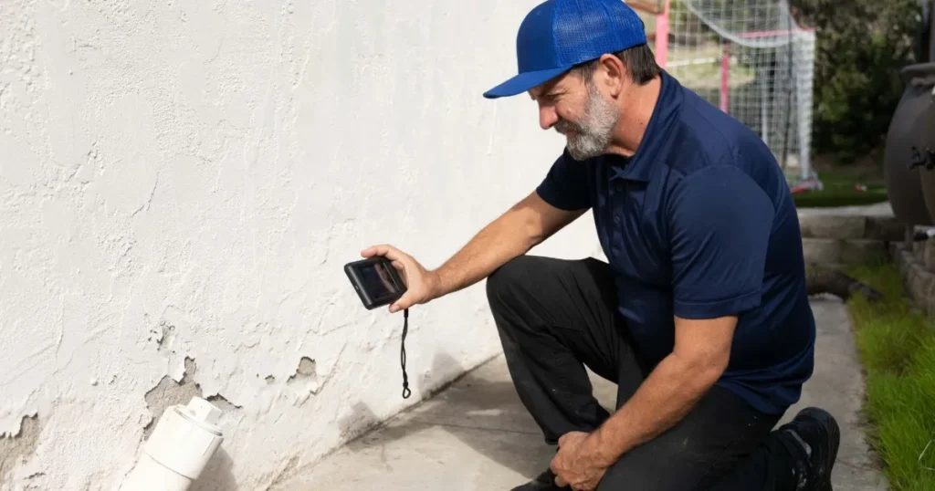 Handyman inspecting peeling exterior paint on a Pittsburgh home
