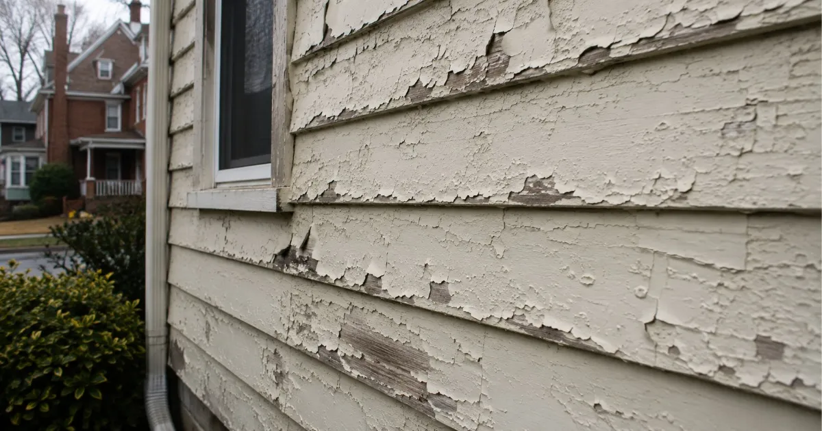 Peeling and bubbling exterior paint on the wood siding of a Pittsburgh area home