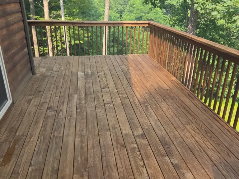 Freshly stained and repaired wooden deck and railings performed by Hammer & Nails Handyman