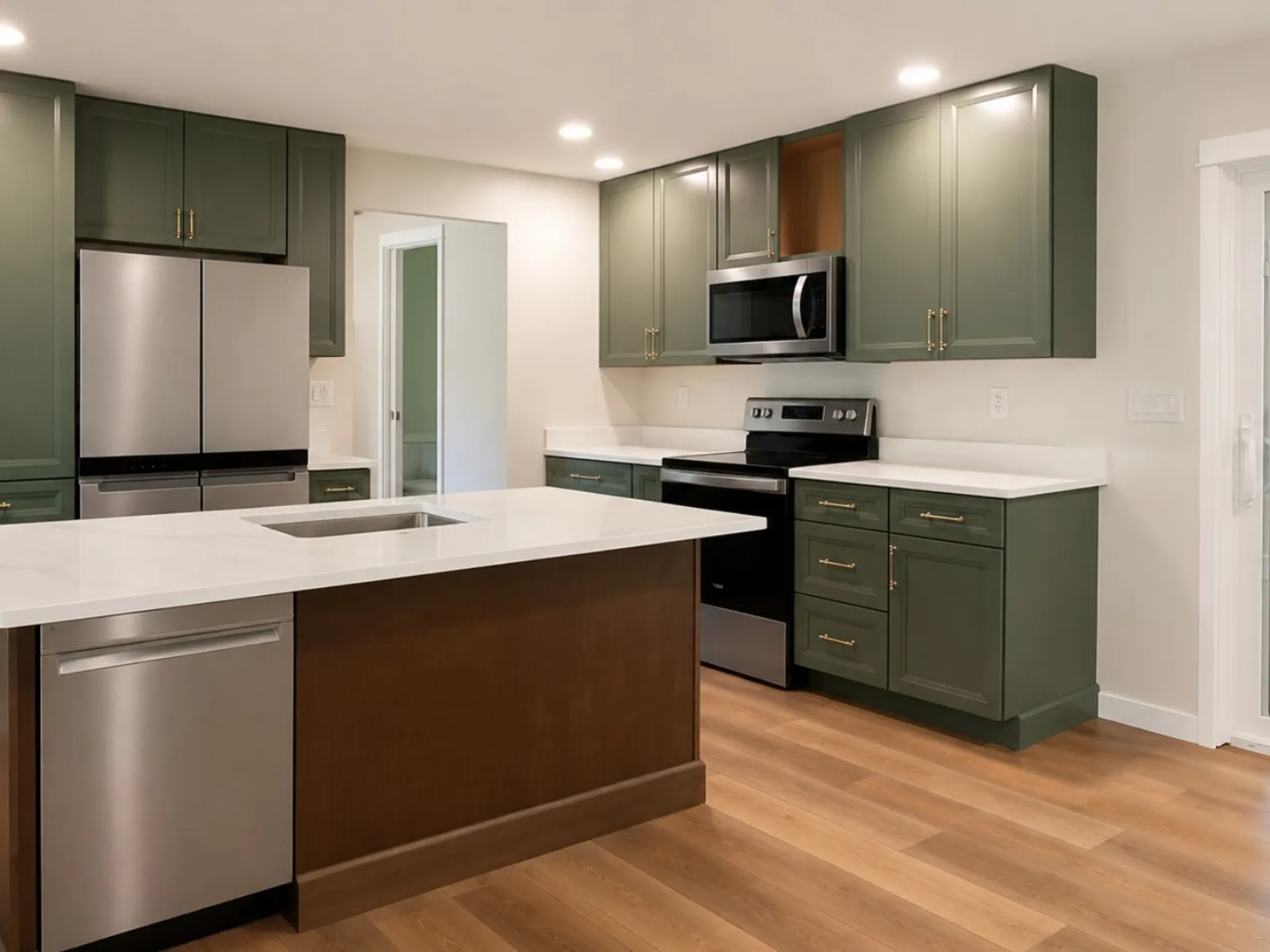 Modern kitchen with a wood island and dark green cabinets