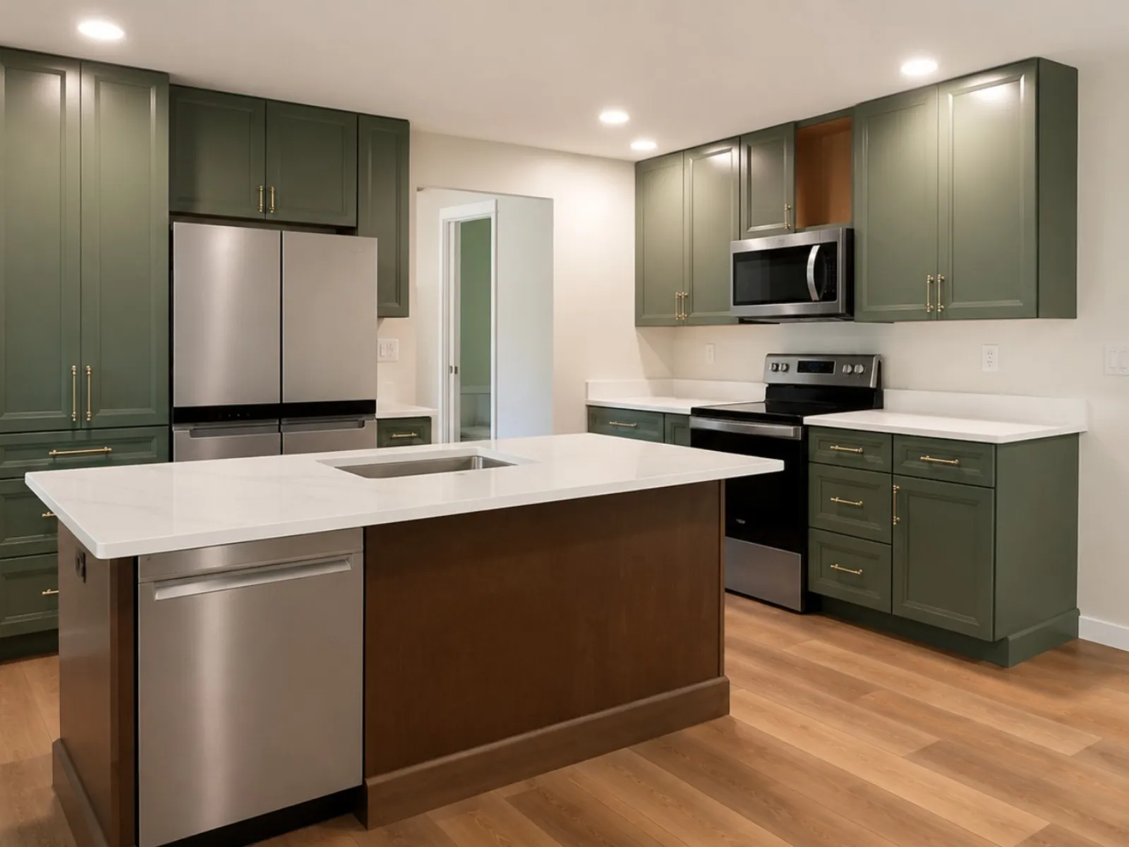 Modern kitchen with a wood island and dark green cabinets
