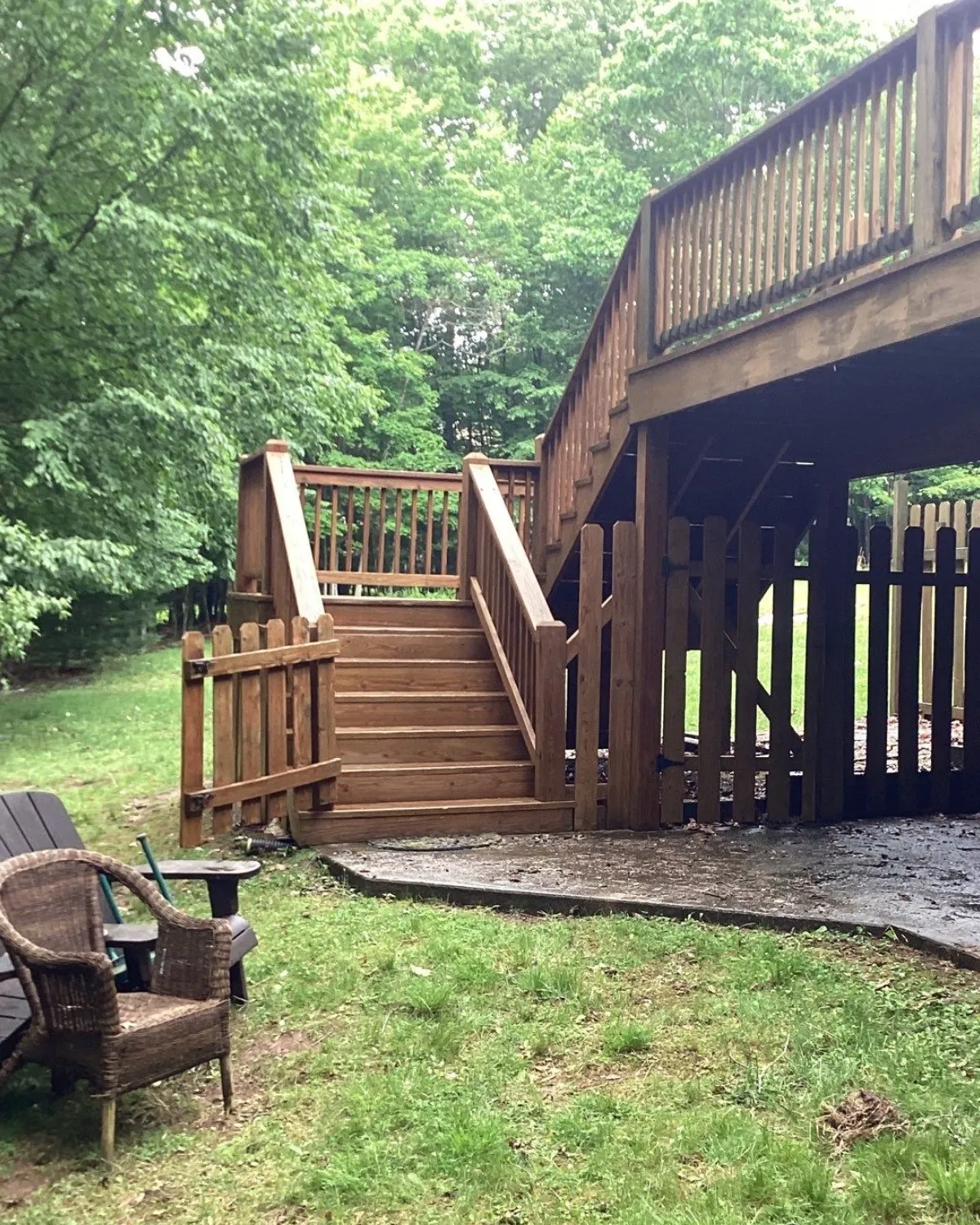 Restored wooden deck with refreshed boards and railings