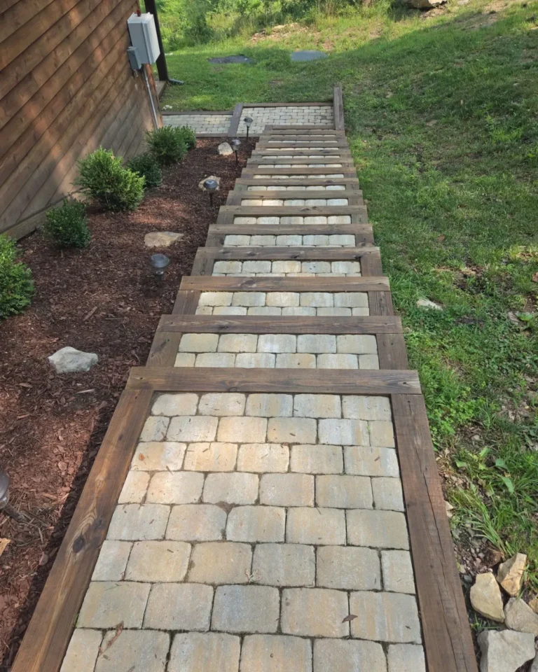 Completed stone paver walkway through the yard