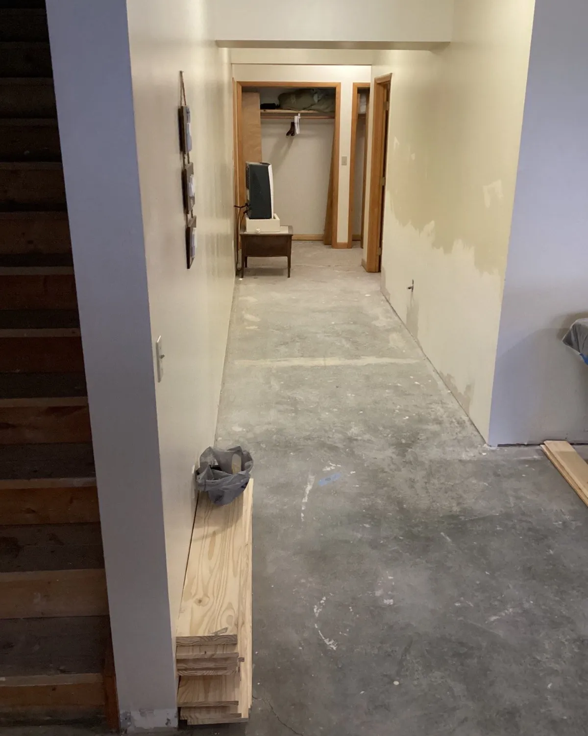 Hallway flooring removed during an interior renovation