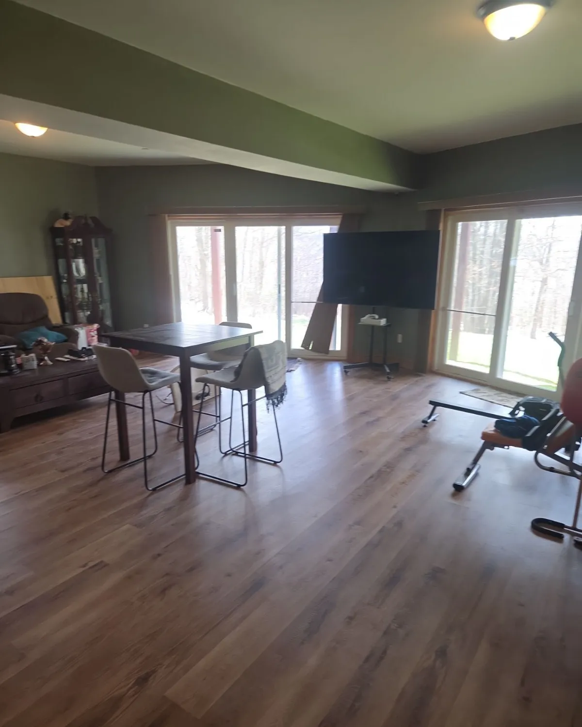 Finished living space with dark wood-look flooring
