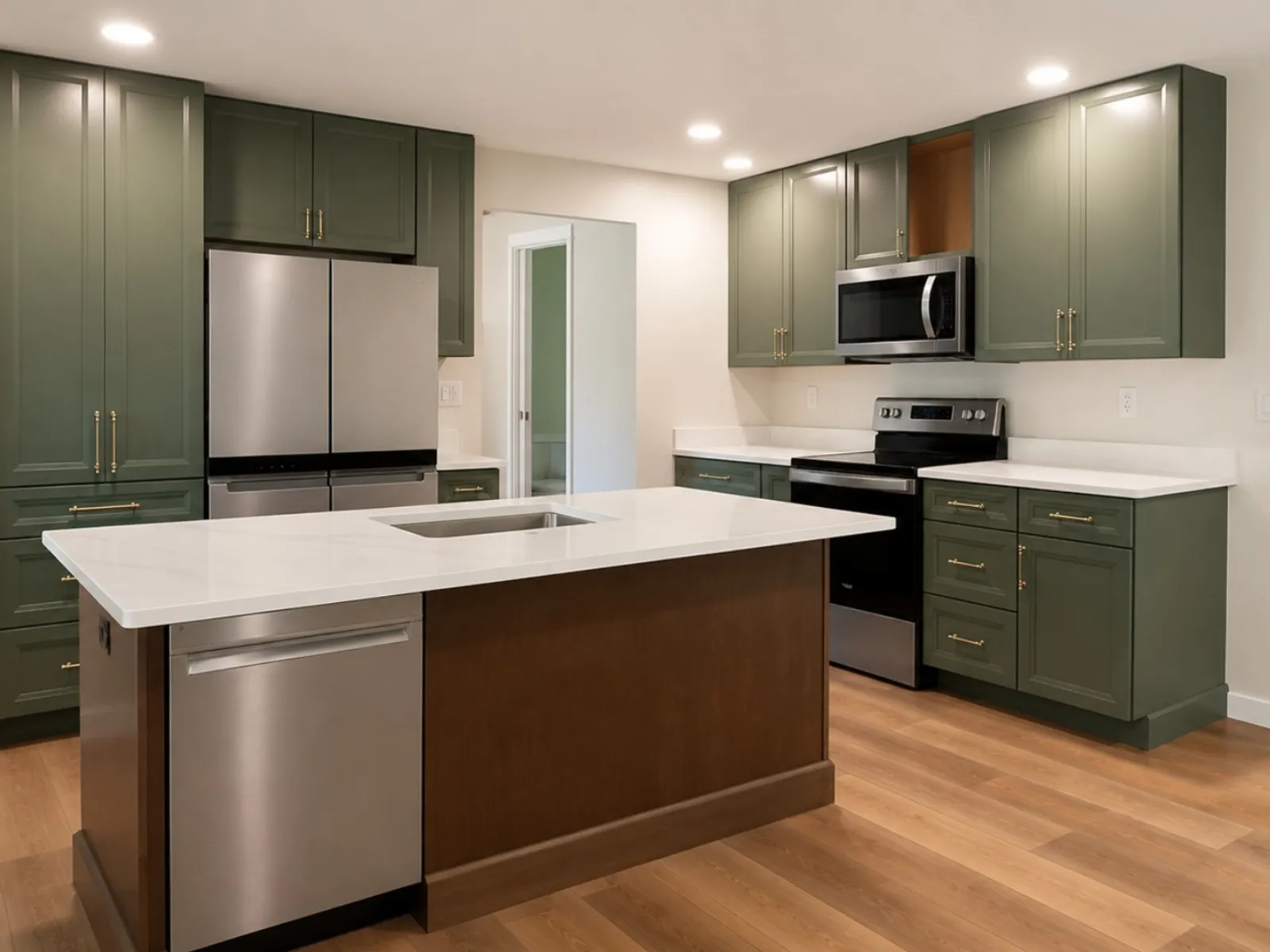 Modern kitchen with dark cabinetry and a wood island