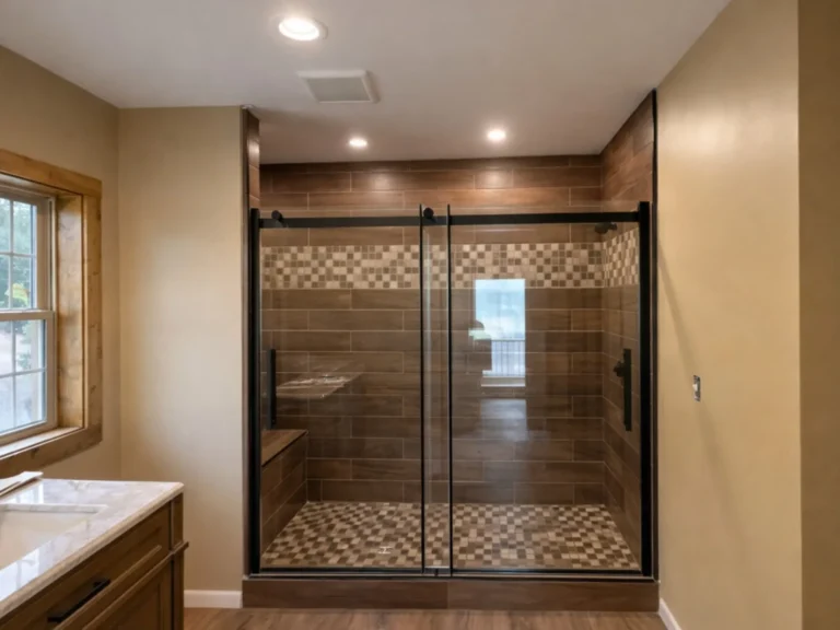 Completed walk-in shower with dark tile and glass doors
