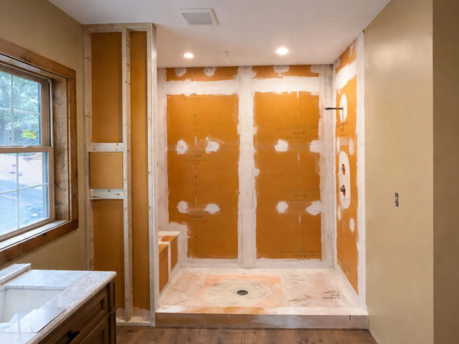 Shower alcove lined with orange waterproofing membrane