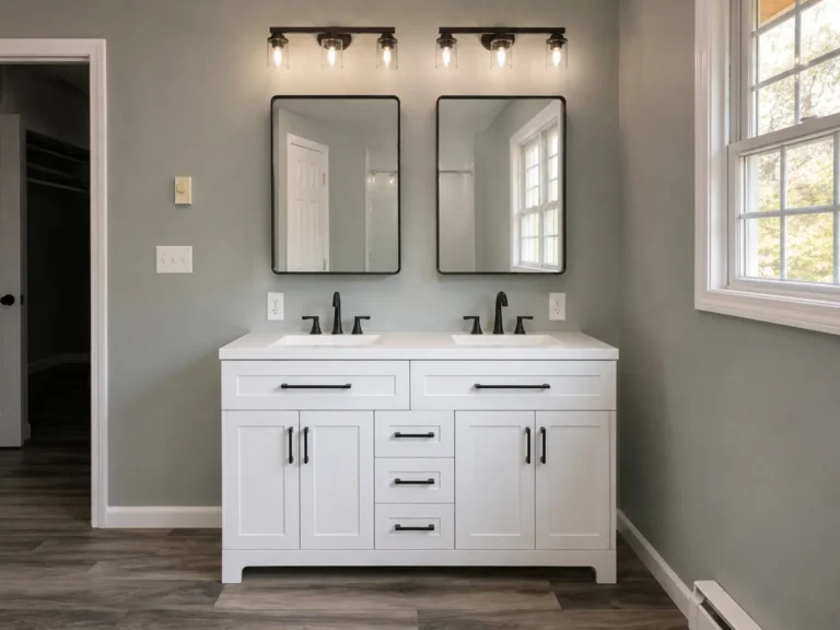 Renovated bathroom with a gray vanity and black mirrors