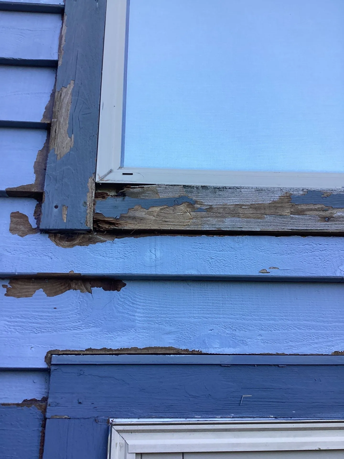Chipped paint on the exterior of a blue home