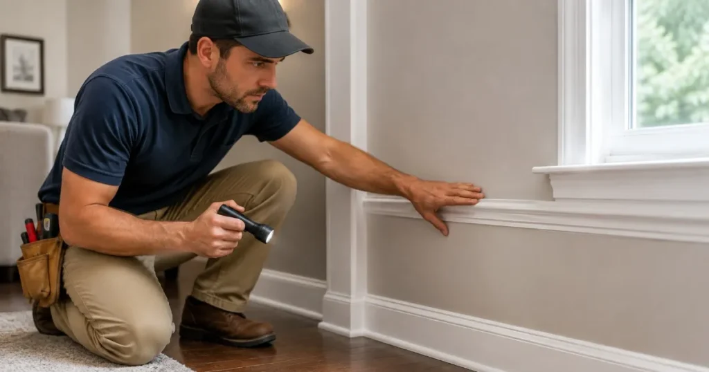 Hammer and Nails Handyman professional inspecting interior trim