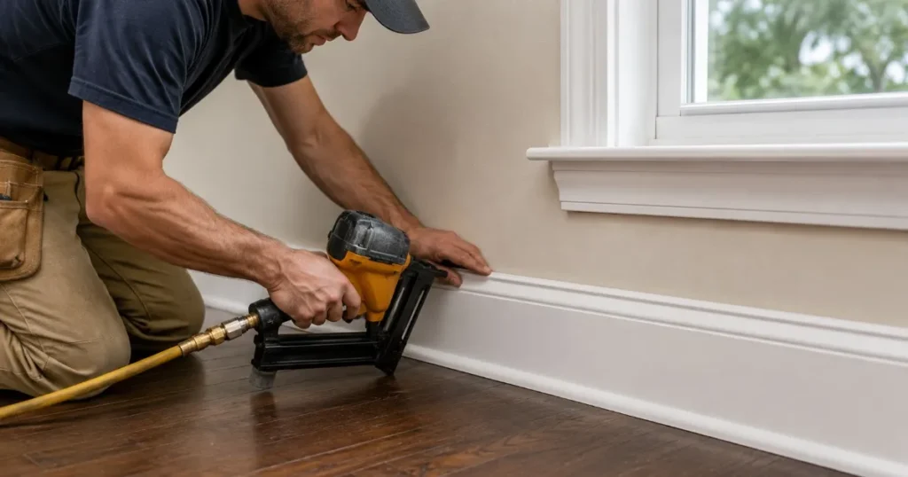 Handyman re-securing a loose baseboard with a finish nailer