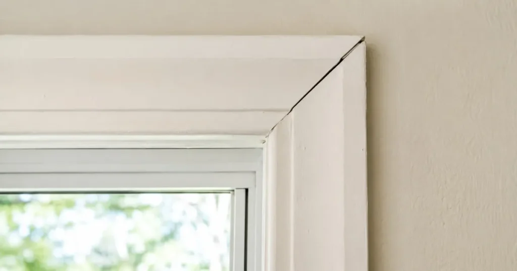 Wood trim showing seasonal expansion gaps near a window