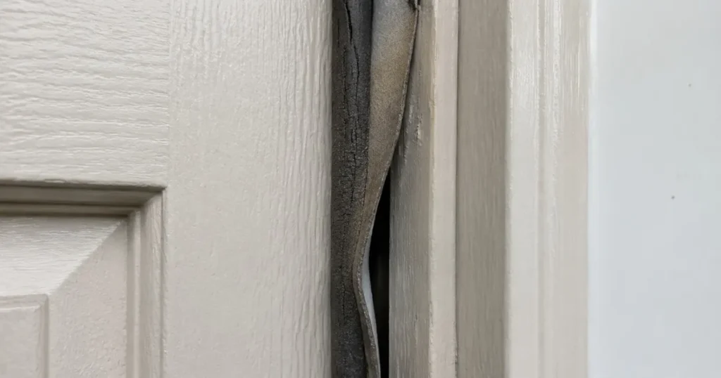 Cracked and flattened door weatherstripping separating from the frame