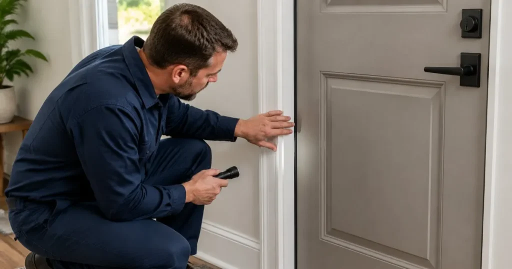 Hammer & Nails Handyman technician checking the seal on a home's front door