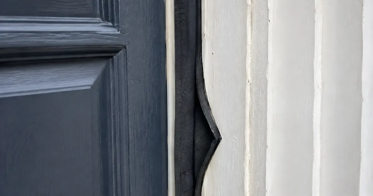 Close-up of worn weatherstripping pulling away from a home's exterior door frame