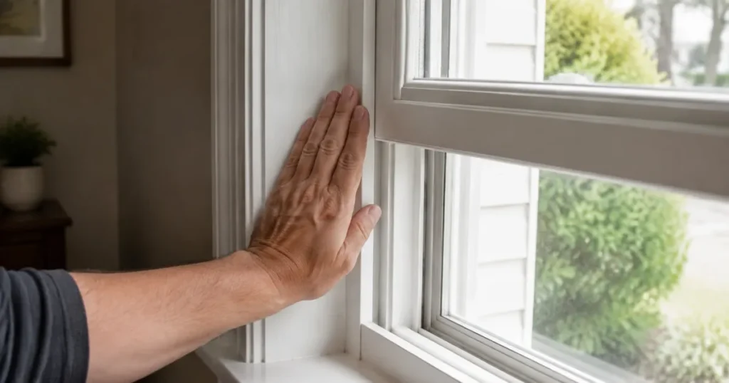 Homeowner running a hand along a window frame to feel for air leaks