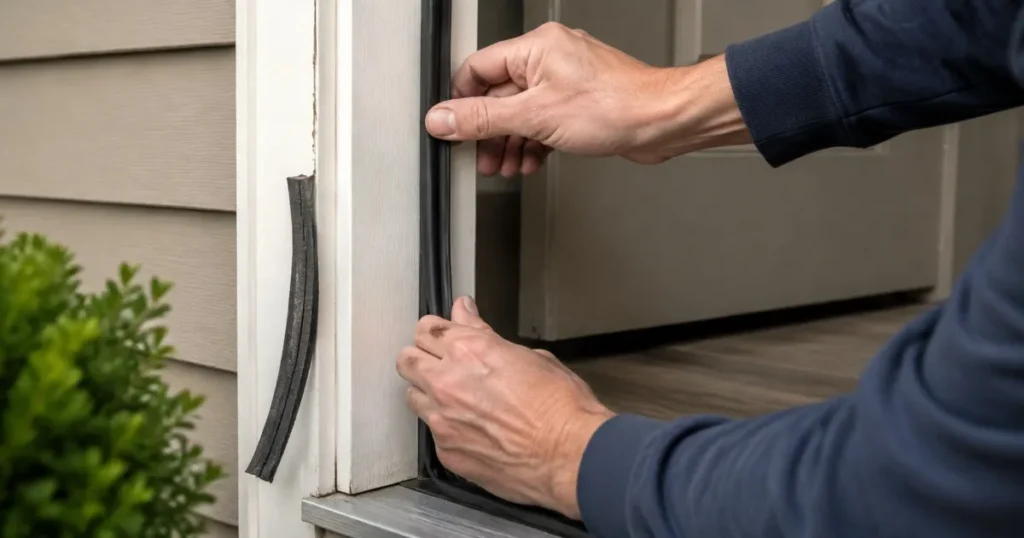 Handyman replacing worn weatherstripping on an exterior door